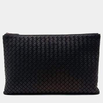 Pre Owned Bottega Veneta Black Leather Intrecciato Pouch Bag