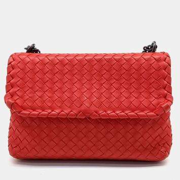 Pre Owned Bottega Veneta Red Leather Mesh Olympia Bag