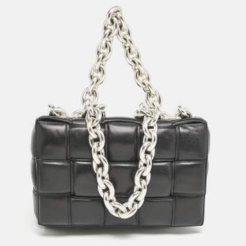 Pre Owned Bottega Veneta Black Intreccio Leather Padded Cassette Flap Shoulder Bag