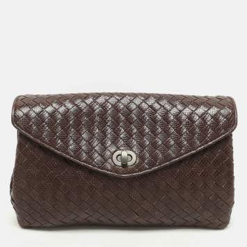 Pre Owned Bottega Veneta Brown Intrecciato Karung Leather Clutch