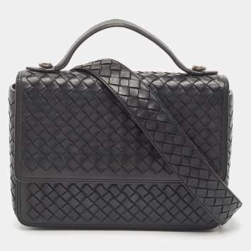 Pre Owned Bottega Veneta Black Intrecciato Leather Alumna Top Handle Bag