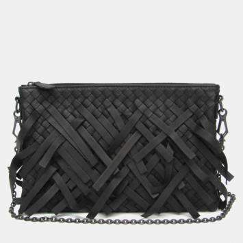 Pre Owned Bottega Veneta Black Intrecciato Fringed Leather Chain Shoulder Bag