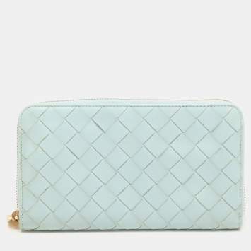 Pre Owned Bottega Veneta Blue Intrecciato Leather Zip Around Wallet