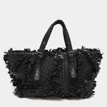 Pre Owned Bottega Veneta Black Intrecciato Leather Fringe Patchwork Lido Tote