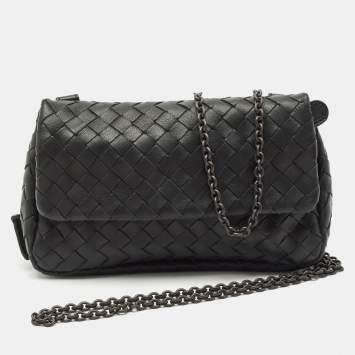Pre Owned Bottega Veneta Black Intrecciato Leather Mini Flap Chain Crossbody Bag
