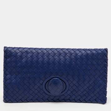 Pre Owned Bottega Veneta Blue Intrecciato Leather Twist Lock Flap Clutch