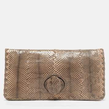 Pre Owned Bottega Veneta Beige/Black Watersnake Turnlock Flap Clutch