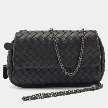 Pre Owned Bottega Veneta Black Intrecciato Leather Flap Chain Crossbody Bag