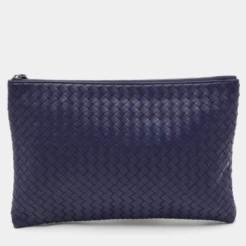 Pre Owned Bottega Veneta Blue Intrecciato Leather Zip Clutch