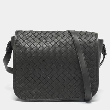 Pre Owned Bottega Veneta Grey Intrecciato Leather Flap Crossbody Bag