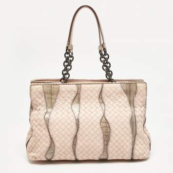 Pre Owned Bottega Veneta Salmon/Beige Intrecciato Leather and Snakeskin Frame Tote