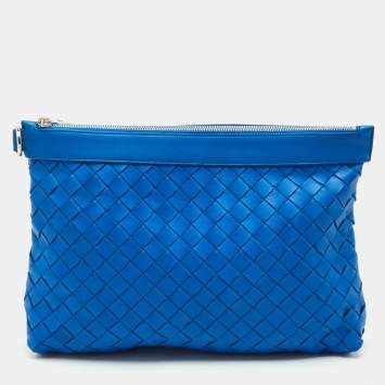 Pre Owned Bottega Veneta Blue Intrecciato Leather Top Zip Pouch