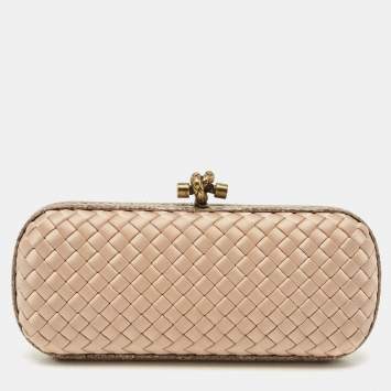 Pre Owned Bottega Veneta Beige Intrecciato Satin and Water Snakeskin Trim Knot Clutch