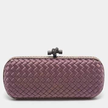 Pre Owned Bottega Veneta Purple Intrecciato Satin and Water Snakeskin Trim Knot Long Clutch
