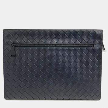 Bottega Veneta Navy Blue Leather Mesh Clutch