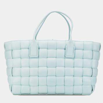 Pre Owned Bottega Veneta Blue Large Lambskin Intreccio Padded Tote