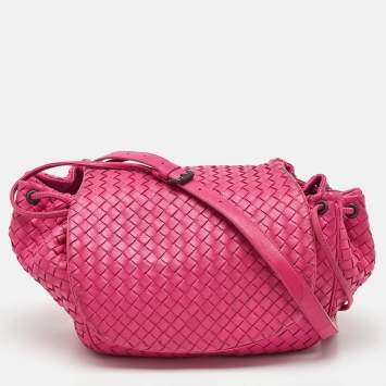 Bottega Veneta Pink Intrecciato Leather Flap Drawstring Crossbody Bag