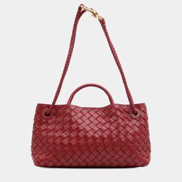 Pre Owned Bottega Veneta Red Lambskin Intrecciato East West Andiamo Top Handle Bag