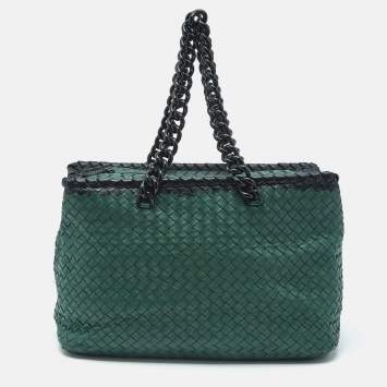 Pre Owned Bottega Veneta Green/Black Intrecciato Leather and  Karung Chain Tote
