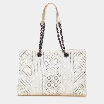 Pre Owned Bottega Veneta Double Chain Tote Medium White Intrecciato Stitched Leather Bag