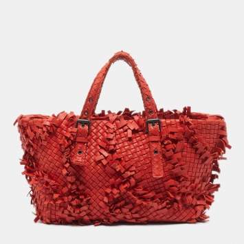 Pre Owned Bottega Veneta Red Intrecciato Leather Fringe Lido Tote