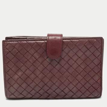 Pre Owned Bottega Veneta Burgundy Intrecciato Leather French Wallet