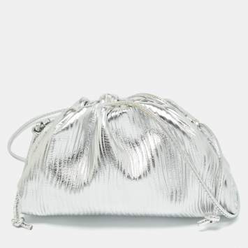 Pre Owned Bottega Veneta Silver Textured Leather Mini The Pouch Bag
