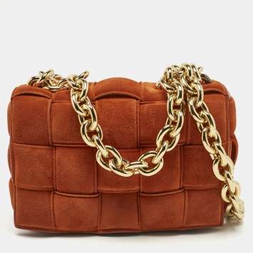 Pre Owned Bottega Veneta Orange Suede Padded Cassette Flap Shoulder Bag