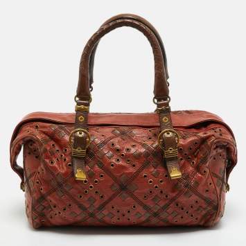 Pre Owned Bottega Veneta Brown Leather Grommet Frame Boston Bag