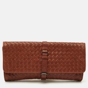 Pre Owned Bottega Veneta Brown Intrecciato Leather Strap Clutch