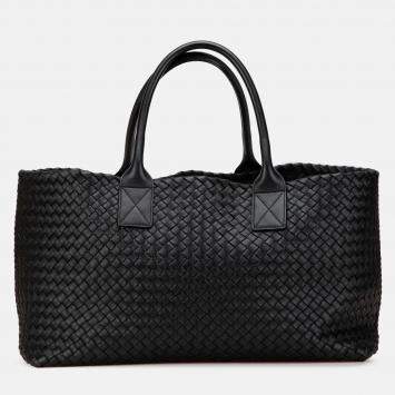 Pre Owned Bottega Veneta Black Medium Lambskin Intreccio Cabat Tote