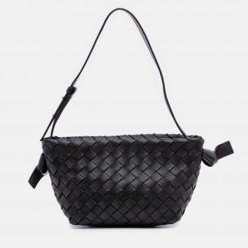 Pre Owned Bottega Veneta Black Lambskin Intrecciato Tie Shoulder Bag
