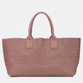 Pre Owned Bottega Veneta Pink Medium Lambskin Intreccio Cabat Tote