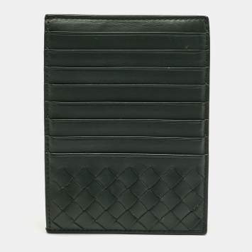 Pre Owned Bottega Veneta Dark Green Leather Zip Card Holder