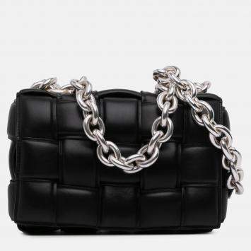 Pre Owned Bottega Veneta Black Nappa Intrecciato Padded Chain Cassette Satchel