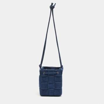 Pre Owned Bottega Veneta Navy Blue Denim Cassette Bucket Bag