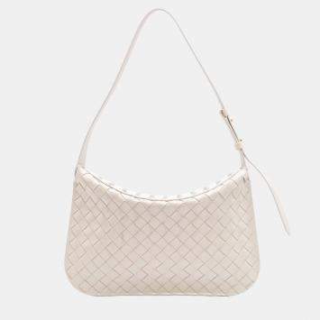 Pre Owned Bottega Veneta White Brushed Calfskin Intrecciato Cradle Fold Over Shoulder Bag