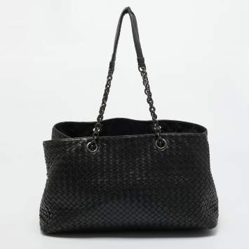 Pre Owned Bottega Veneta Black Intrecciato Leather Chain Tote