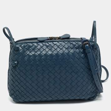 Pre Owned Bottega Veneta Navy Blue Intrecciato Leather Nodini Crossbody Bag