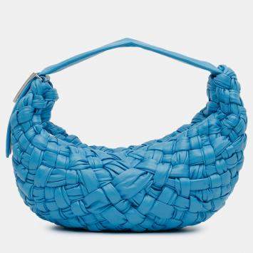 Pre Owned Bottega Veneta Blue Paper Calfskin Intrecciato Banana Hobo Bag