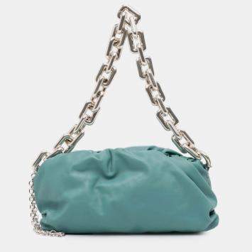 Pre Owned Bottega Veneta Blue Lambskin Chain Pouch
