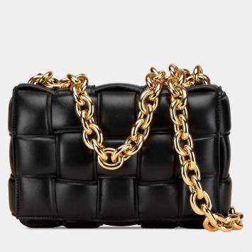 Pre Owned Bottega Veneta Black Nappa Intrecciato Padded Chain Cassette Satchel