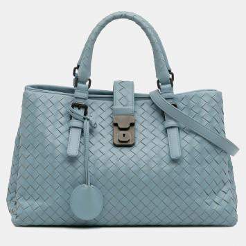 Pre Owned Bottega Veneta Blue Small Nappa Intrecciato Roma Satchel