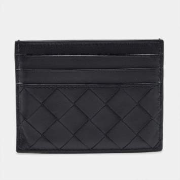 Pre Owned Bottega Veneta Navy Blue Intrecciato Leather Card Holder