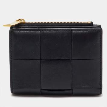 Pre Owned Bottega Veneta Black Leather Cassette Small Bi-Fold Wallet