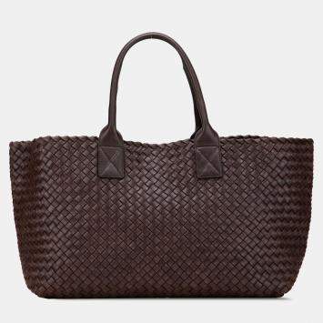 Pre Owned Bottega Veneta Brown Medium Lambskin Intreccio Cabat Tote