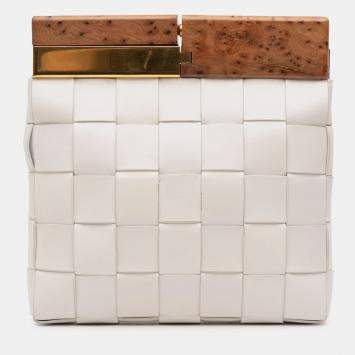 Pre Owned Bottega Veneta White Lambskin Maxi Intrecciato The Snap Clutch