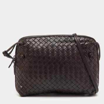 Pre Owned Bottega Veneta Dark Brown Intrecciato Leather Nodini Crossbody Bag