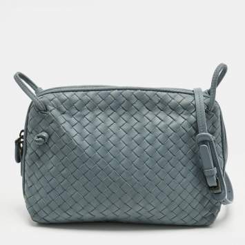 Pre Owned Bottega Veneta Light Blue Intrecciato Leather Nodini Crossbody Bag
