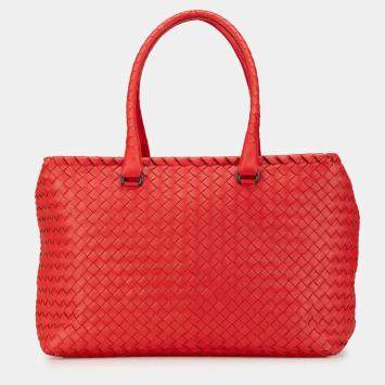 Pre Owned Bottega Veneta Red Nappa Intrecciato Brick Tote